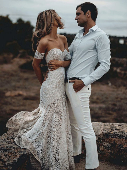 Roycebridal Sweetheart Neck Lace Beach Elfenbein Rustikal Boho Brautkleider