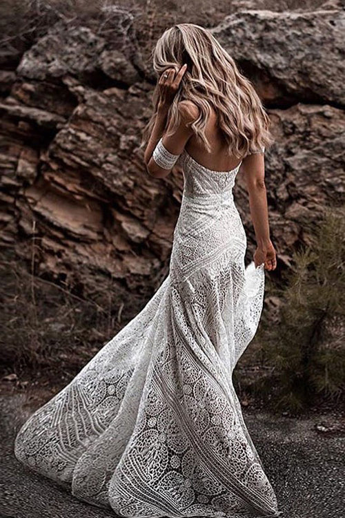 Roycebridal Sweetheart Neck Lace Beach Elfenbein Rustikal Boho Brautkleider