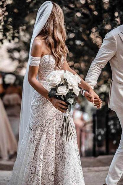 Roycebridal Sweetheart Neck Lace Beach Elfenbein Rustikal Boho Brautkleider