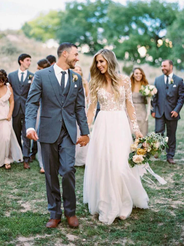 Roycebridal See Through Beaded Floral Lace Long Sleeve Boho Wedding Dresses