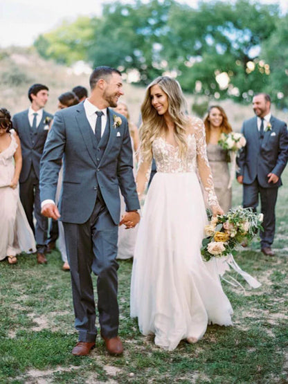 Roycebridal Durchsichtige, perlenbesetzte, florale Spitze, langärmelige Boho-Brautkleider