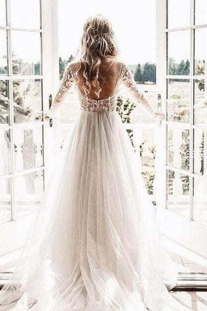 Roycebridal Durchsichtige, perlenbesetzte, florale Spitze, langärmelige Boho-Brautkleider