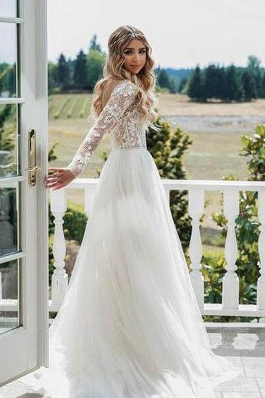 Roycebridal Durchsichtige, perlenbesetzte, florale Spitze, langärmelige Boho-Brautkleider