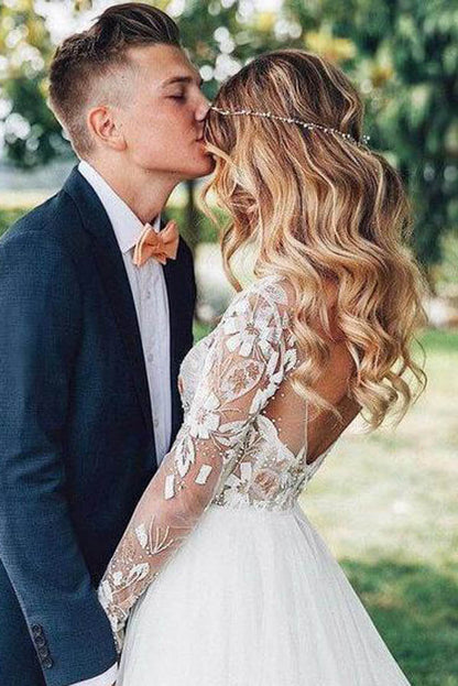 Roycebridal Durchsichtige, perlenbesetzte, florale Spitze, langärmelige Boho-Brautkleider
