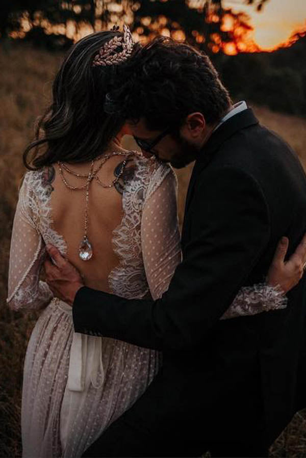 Roycebridal Lace Polka Dot Boho with Sleeves Bohemian Wedding Dress