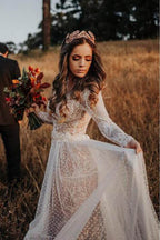 Roycebridal Lace Polka Dot Boho with Sleeves Bohemian Wedding Dress