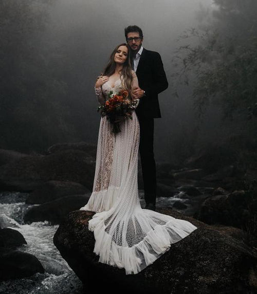 Roycebridal Lace Polka Dot Boho with Sleeves Bohemian Wedding Dress