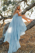 Sky Blue Rustic Thigh Split Beach Wedding Gown with Court Train,MW281
