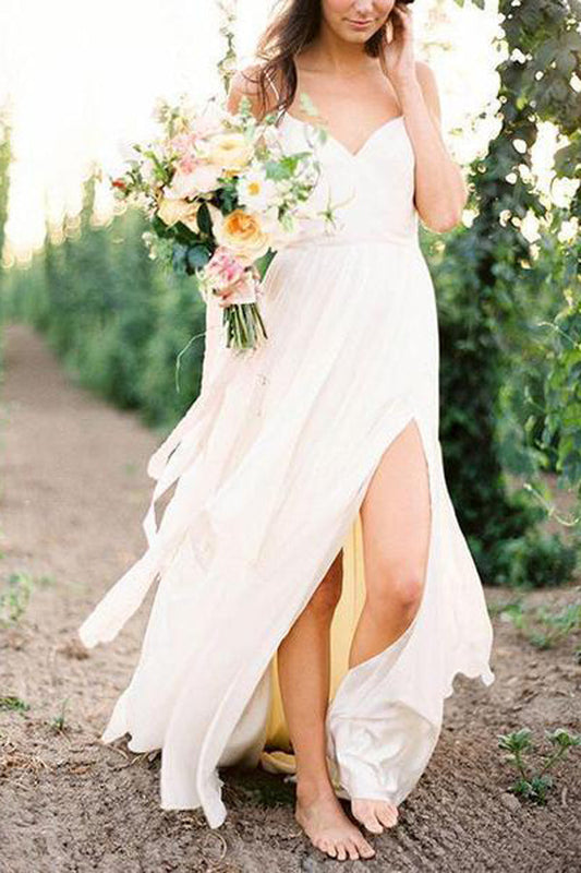 Roycebridal Einfache Spaghettiträger Sommer Günstige Brautkleider mit Schlitz