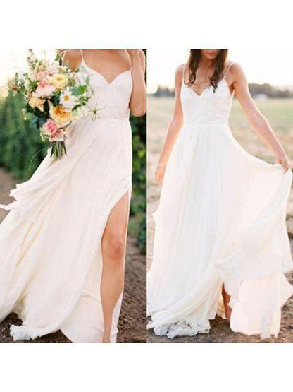 Roycebridal Simple Spaghetti Strap Summer Cheap Wedding Dresses with Slit
