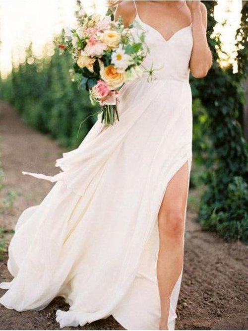 Roycebridal Simple Spaghetti Strap Summer Cheap Wedding Dresses with Slit