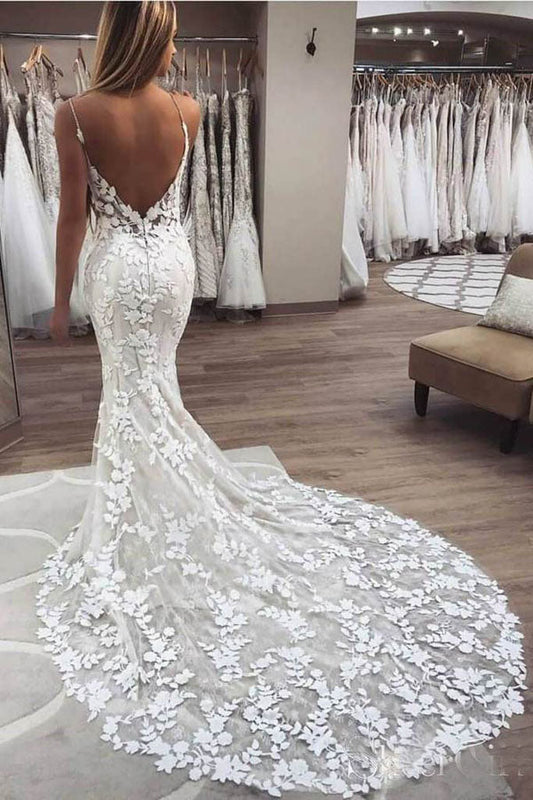 Roycebridal Spaghetti Strap Vintage Mermaid Lace Appliques Wedding Dress