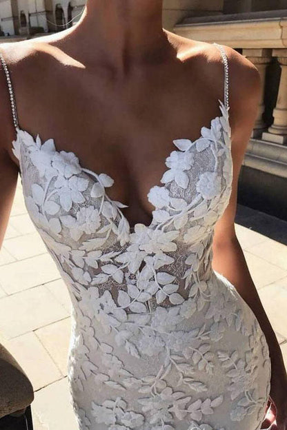 Roycebridal Spaghetti Strap Vintage Mermaid Lace Appliques Wedding Dress