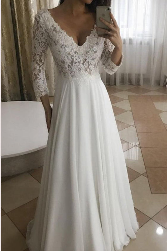 Roycebridal Elegantes A-Linien-Brautkleid mit V-Ausschnitt und langen Ärmeln, weiße Spitze