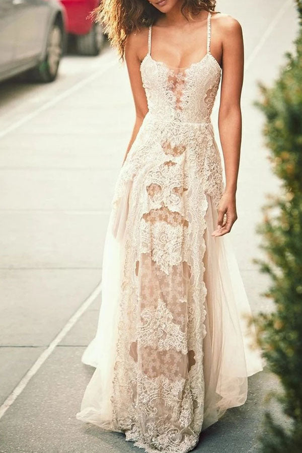 Cheap Spaghetti Straps Tulle Beach Wedding Dress, Lace Appliques Bridal Dresses