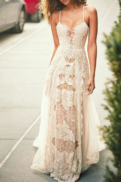Cheap Spaghetti Straps Tulle Beach Wedding Dress, Lace Appliques Bridal Dresses