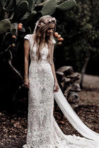 Roycebridal Cap Sleeve Sheath Boho Wedding Dresses Vintage Lace Rustic Wedding Dress,MW314