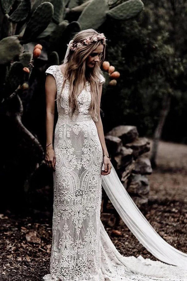 Roycebridal Etuikleid mit Flügelärmeln, Boho-Stil, Vintage-Spitze, rustikales Hochzeitskleid, MW314