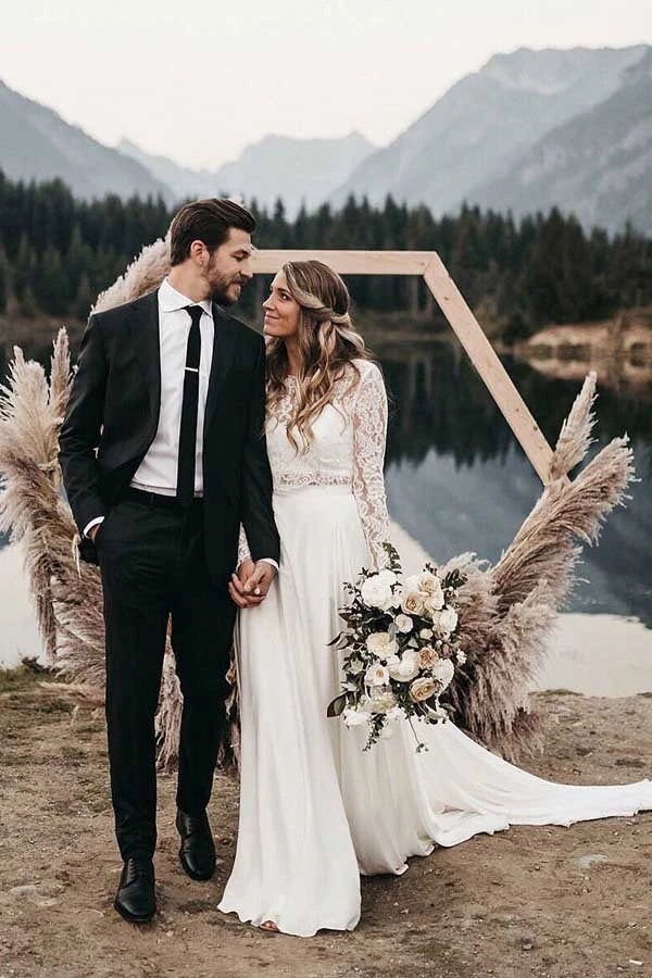 Roycebridal Two Piece Round Neck Lace White Chiffon Wedding Dress With Long Sleeves