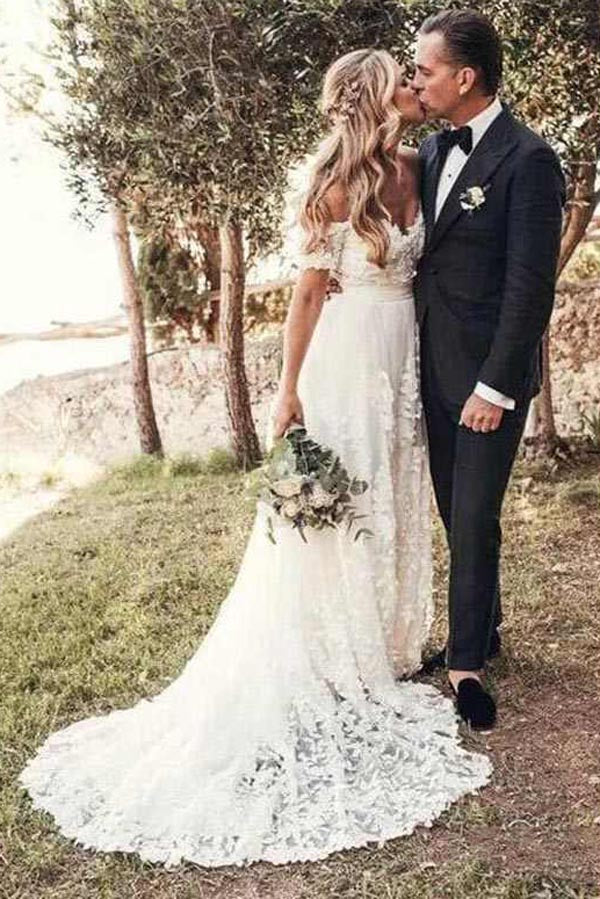Rustic Ivory Lace Wedding Dresses Off the Shoulder Beach Wedding Dresses