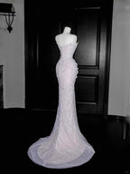 Vestido de Baile de Tule Lilás Cintilante com Contas, Sem Alças, Modelo Sereia, Vestido de Noite Y8664