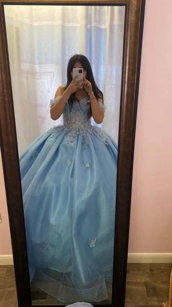 Robe de bal bleue à épaules dénudées, robe de quinceañera bleue, robe de seize ans Y6508