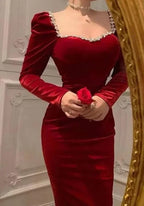 Abito da sera in velluto rosso a maniche lunghe stile retrò, abito da sera rosso Y5556