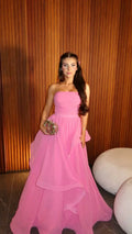 Vestido de Festa Simples Rosa Sem Alças em Tule com Camadas, Corte em A, Modelo Y8035