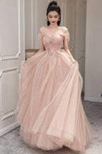 Vestido longo de baile em tule cor-de-rosa Vestido de noite cor-de-rosa Y1825