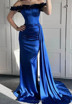 Abito da sera sirena blu con spalle scoperte, abito formale per ballo Y7842