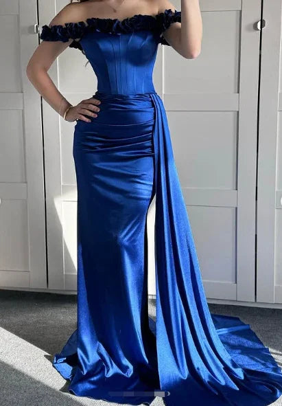 Abito da sera sirena blu con spalle scoperte, abito formale per ballo Y7842