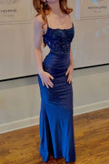 Robe de bal sirène en satin bleu avec bretelles spaghetti, appliques de paillettes Y8147