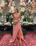 Robe de soirée rose en satin à bretelles spaghetti et coupe trapèze Y4728