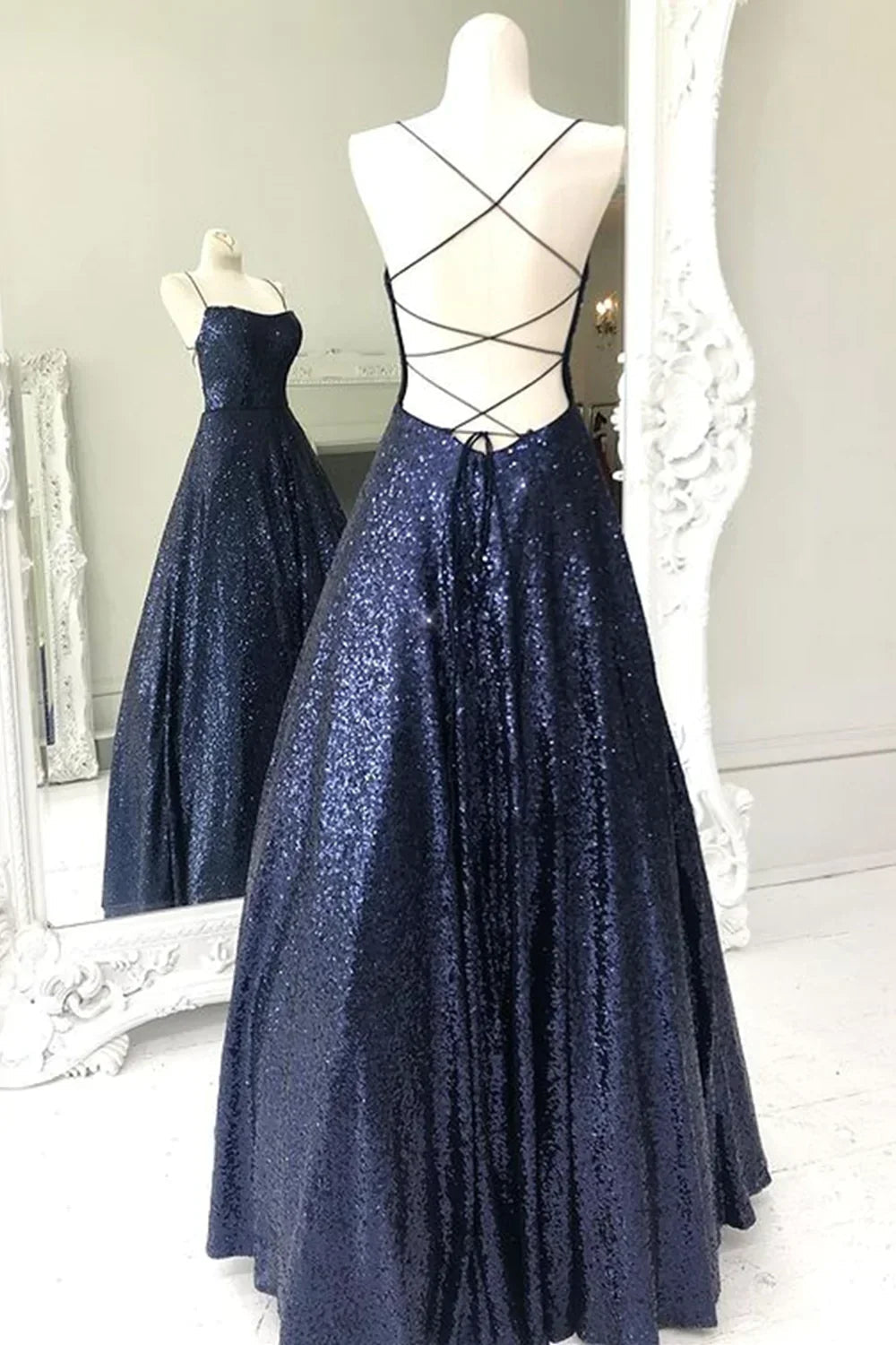 Abiti lunghi da sera blu navy scintillanti senza schienale Abiti lunghi da ballo blu navy con schiena scoperta Abiti formali lunghi blu navy Y875