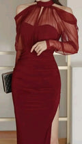 Abito lungo da donna a sirena, sexy, con spalle scoperte, vita alta, rete, spacco, aderente, elegante, corsetto, da festa e da sera Y5526