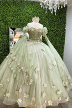Robe de princesse vert sauge brillant avec fleurs. Robe de bal vert sauge clair, robe douce seize ans Y2188