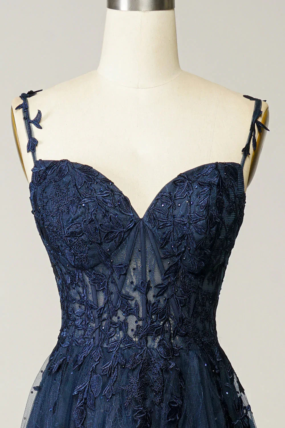 Vestido de Gala Azul Marinho em Linha A com Renda e Tule Vestido de Noite Y382
