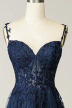 Vestido de Gala Azul Marinho em Linha A com Renda e Tule Vestido de Noite Y382