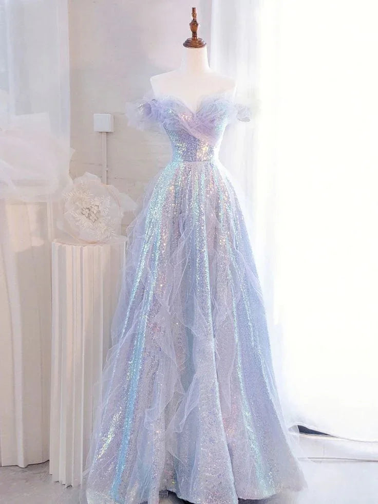 Abito lungo da sera formale viola con paillettes e tulle a spalle scoperte Y5864