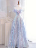 Abito lungo da sera formale viola con paillettes e tulle a spalle scoperte Y5864