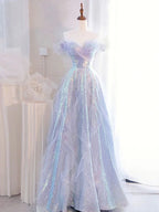 Abito lungo da sera formale viola con paillettes e tulle a spalle scoperte Y5864