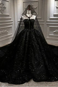 Abito da ballo nero lucido senza spalline con paillettes, abito da principessa per il ballo di fine anno Y56