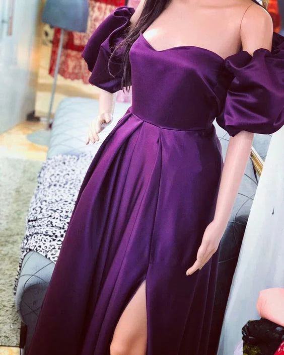 Vestido de noche morado con mangas abullonadas y corte en línea A Y5769