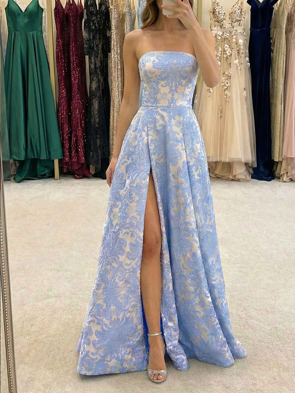 Majestic Blue Damask Strapless A-Line Prom Gown With Slit