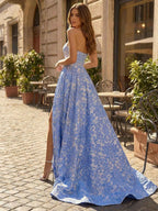 Majestic Blue Damask Strapless A-Line Prom Gown With Slit