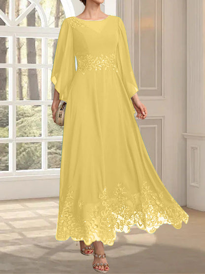 A-Linie, U-Ausschnitt, Illusion, knöchellang, Spitzen-Chiffon, Kleid für die Brautmutter mit Pailletten 