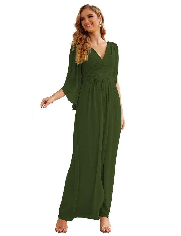 Vestidos de Dama de Honra em Chiffon Numbersea com Fenda para Mulher Vestido Longo de Casamento Festa Baile Manga Sino SEA28045
