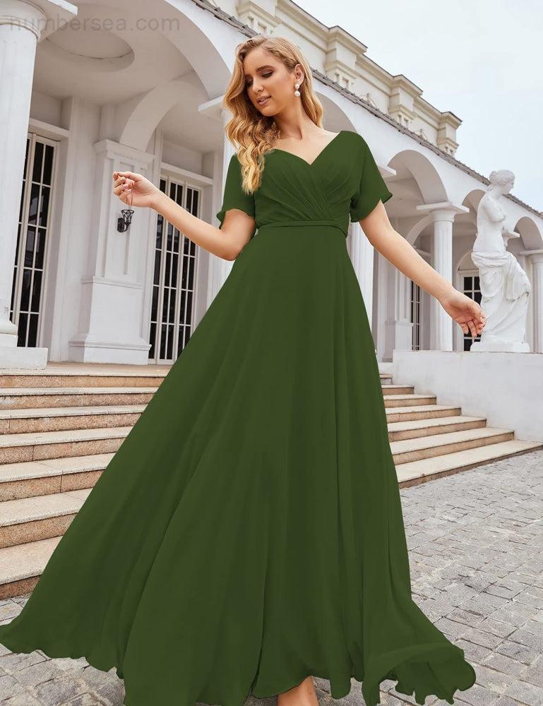 Vestido de Dama de Honra Longo de Chiffon com Decote em V e Cintura Envolvente para Convidados de Casamento  SEA28049