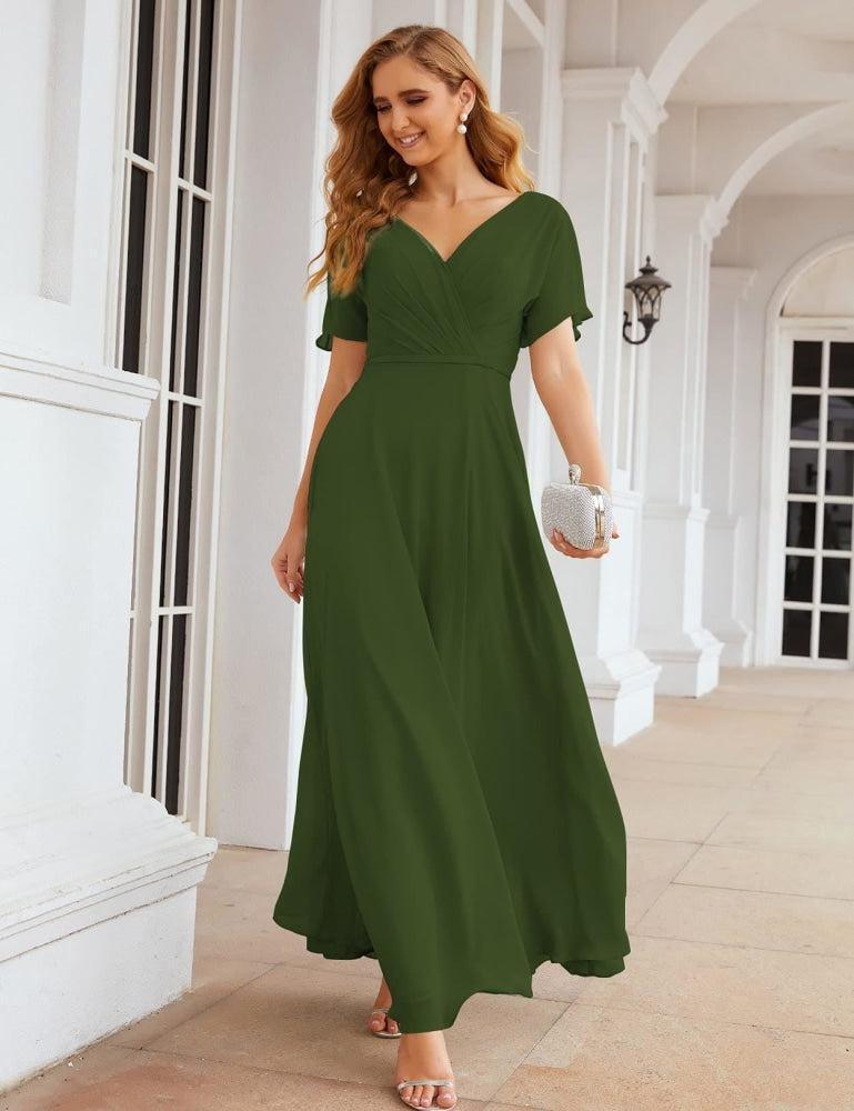 Vestido de Dama de Honra Longo de Chiffon com Decote em V e Cintura Envolvente para Convidados de Casamento  SEA28049