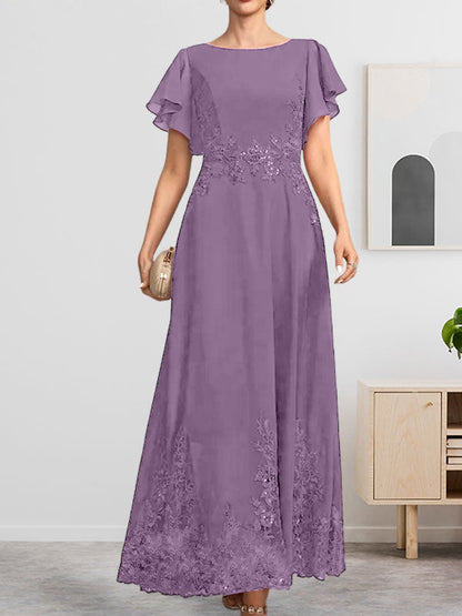 Vestido de gasa con encaje y lentejuelas para madre de la novia, corte A, escote redondo hasta los tobillos